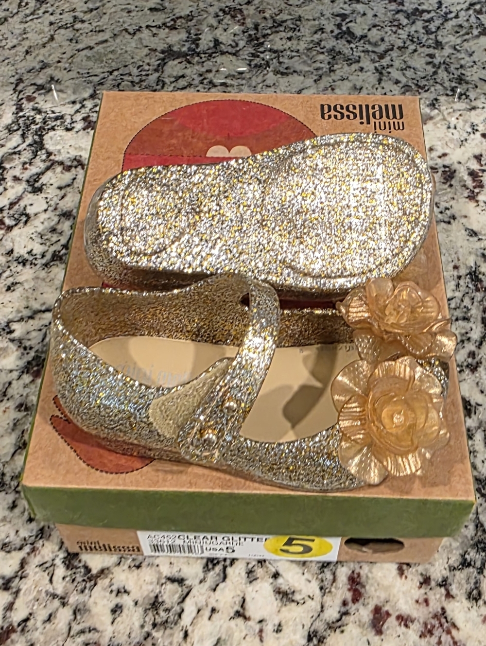 Mini Melissa Girls' Clear Glitter Gold Mary Jane with Flowers - Size 5 - NWT/B